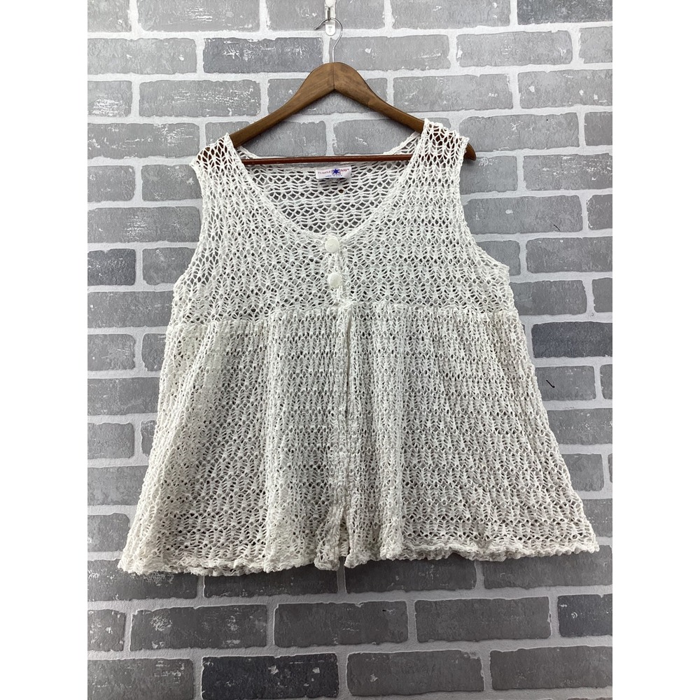Turtle Bay Vintage White Crochet Knit Vest Cotton Babydoll Button Front Large